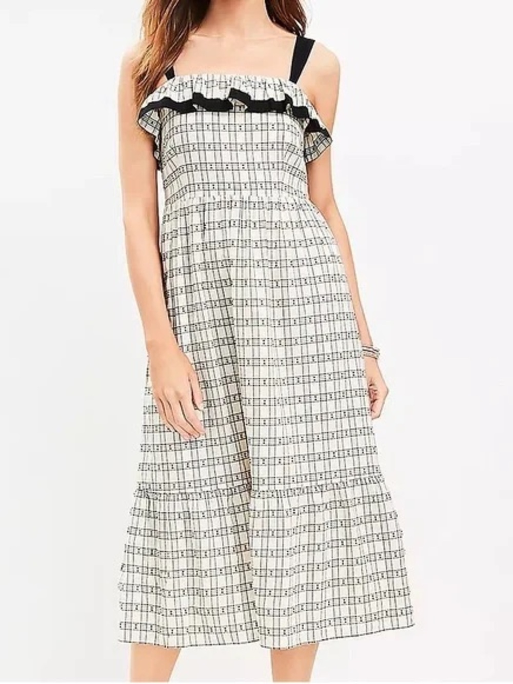 LOFT Black & Cream Checked Midi Dress with Ruffle Neckline
